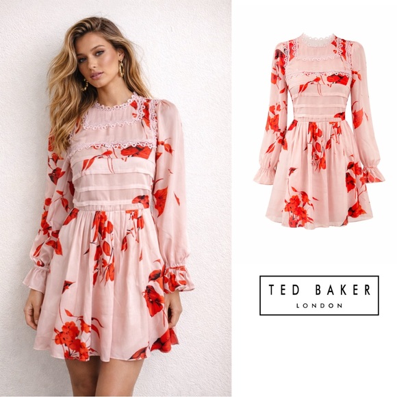 NEW Ted Baker Fantasia lace Trim Cream and Red Floral Dress -  www.disolcolor.com